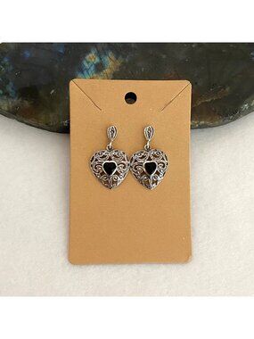 Sterling Silver 925 Pierced Marcasite & Black Onyx Heart Dangle Earrings